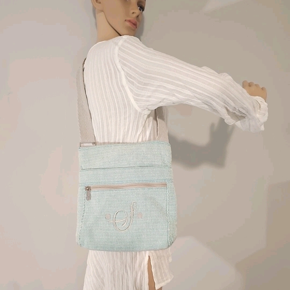 Thirty-One Crossbody Bag Medium Mint Green & Gray Monogram S VGUC 54" Strap - Picture 5 of 16